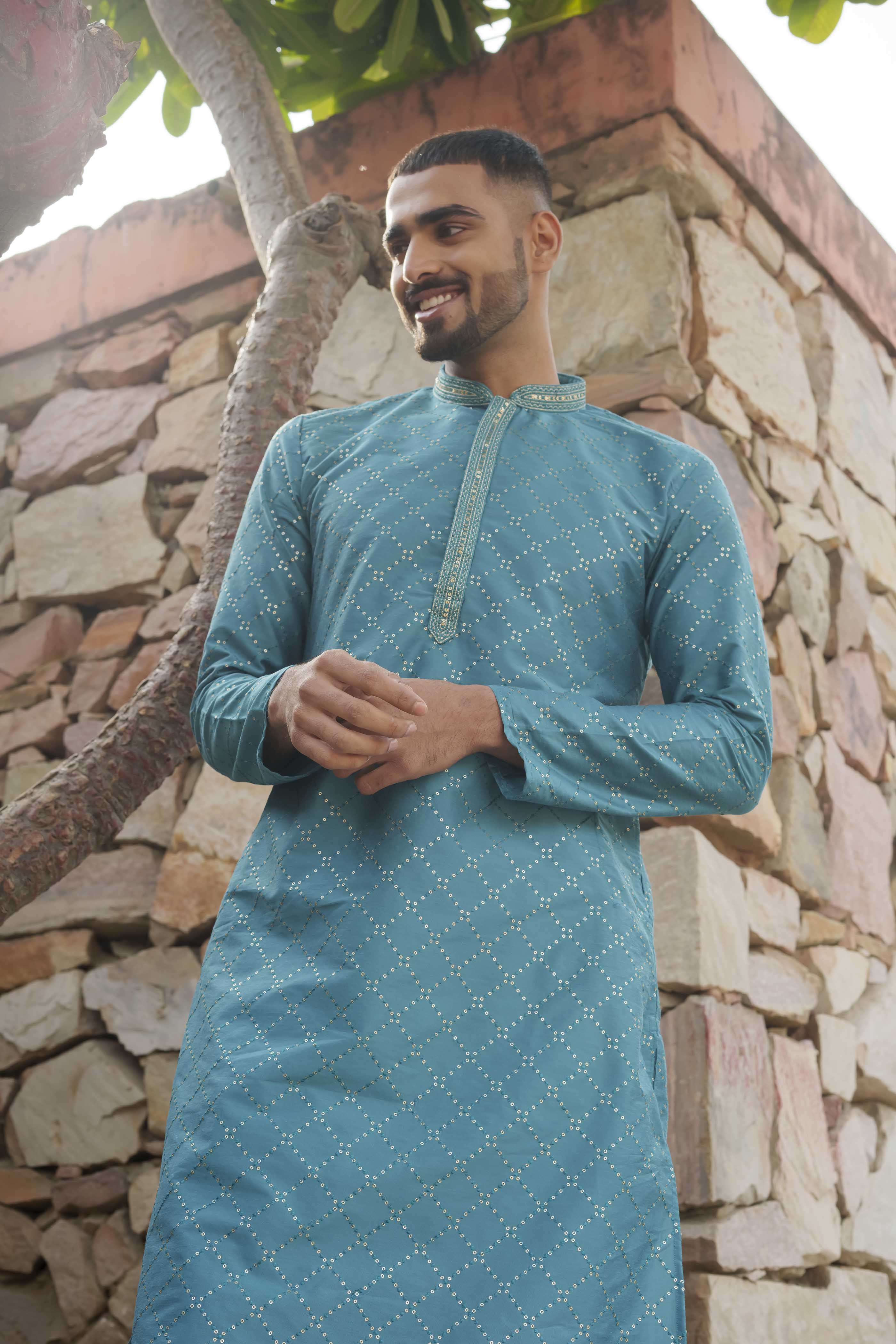 Geometric Sequence Turquoise Blue Kurta